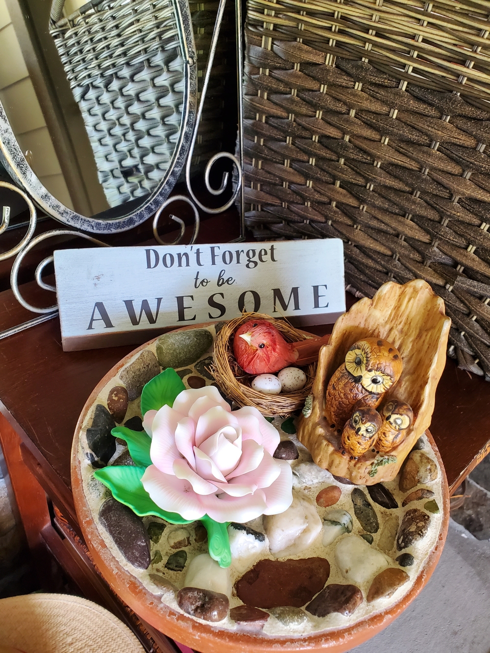 Classic Pink Rose and Owl Tabletop Accent - Home Accents